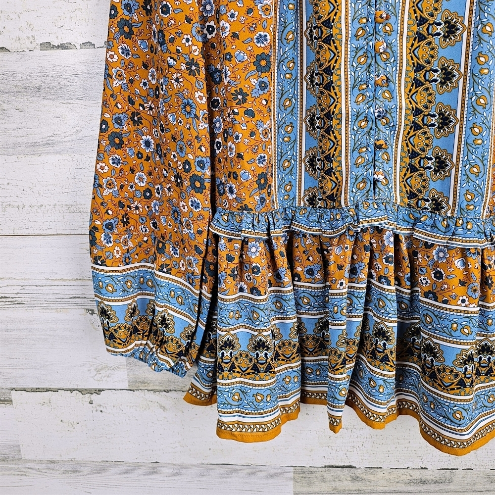 Current Air Boho Folk Floral Ruffle Neck Peasant Blouse Medium Tiered Hem - Picture 11 of 15